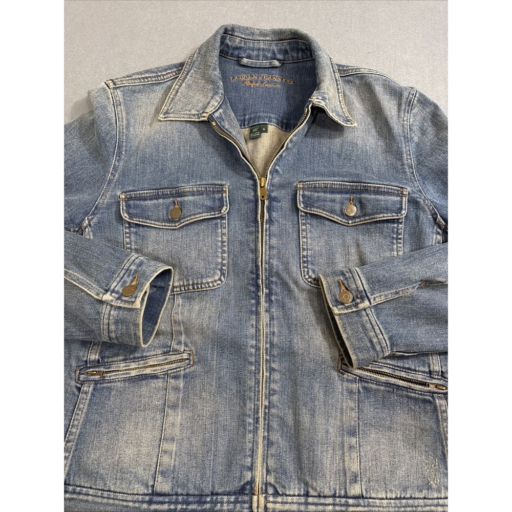 JACKET JEAN WOMEN 1X Ralph Lauren Vintage Blue Denim Zip Up Pockets STRETCH